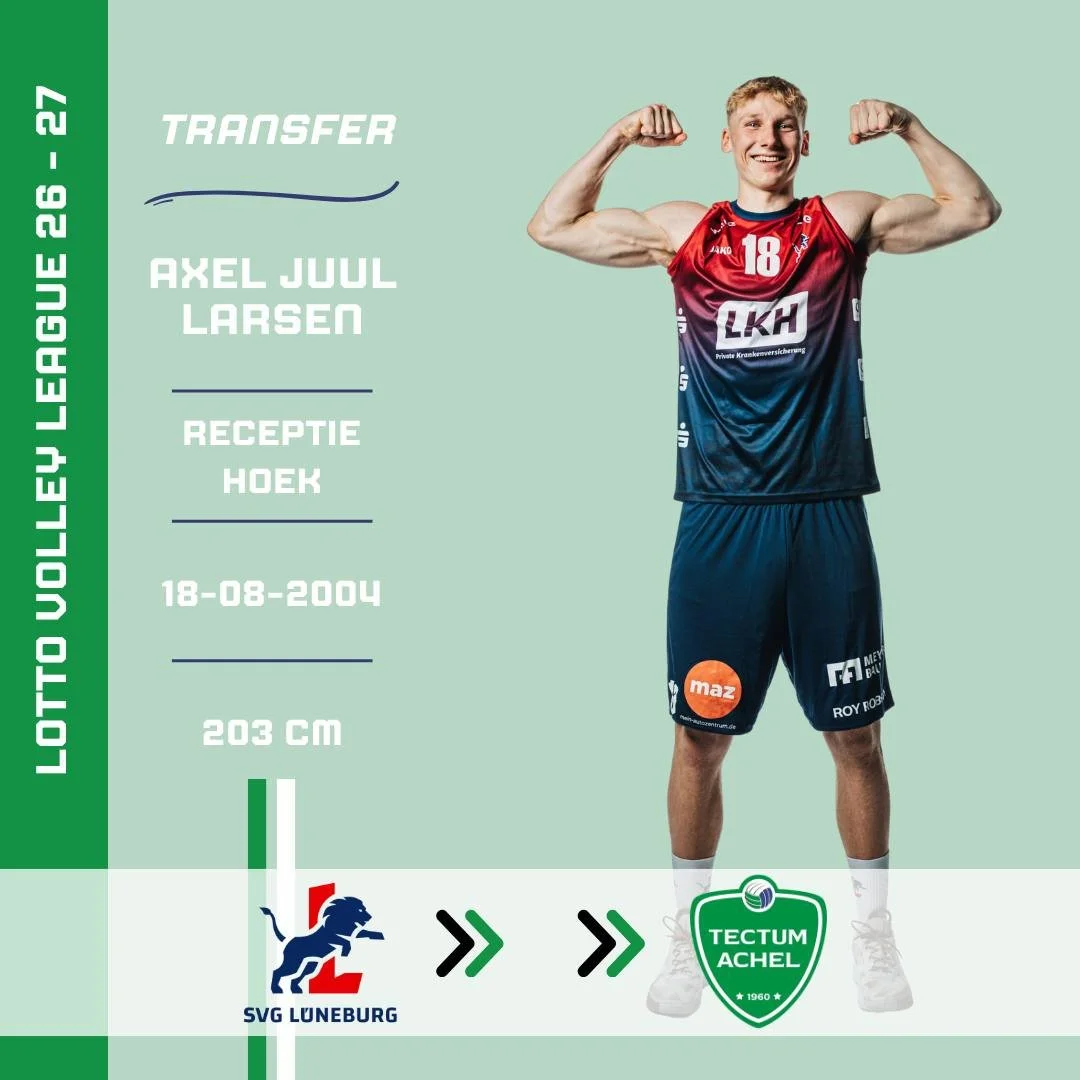 💚 TRANSFERNIEUWS 💚
Axel Juul Larsen is onze laatste inkomende transfer 🇩🇰 De 21 jarige Deense receptie-hoek komt over van de Duitse topclub SVG L&uuml;neburg. Met zijn 203 cm zal hij als linkshandige voor heel wat power zorgen op de hoek! 💪

Vel