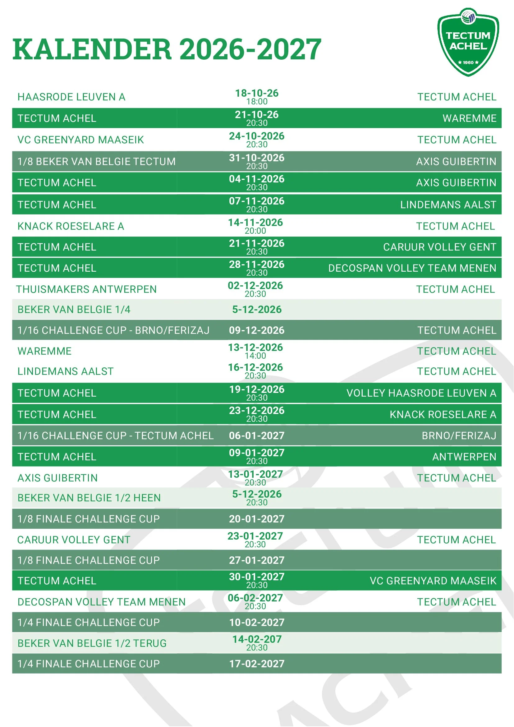 kalender lotto volley league seizoen 2026-2027