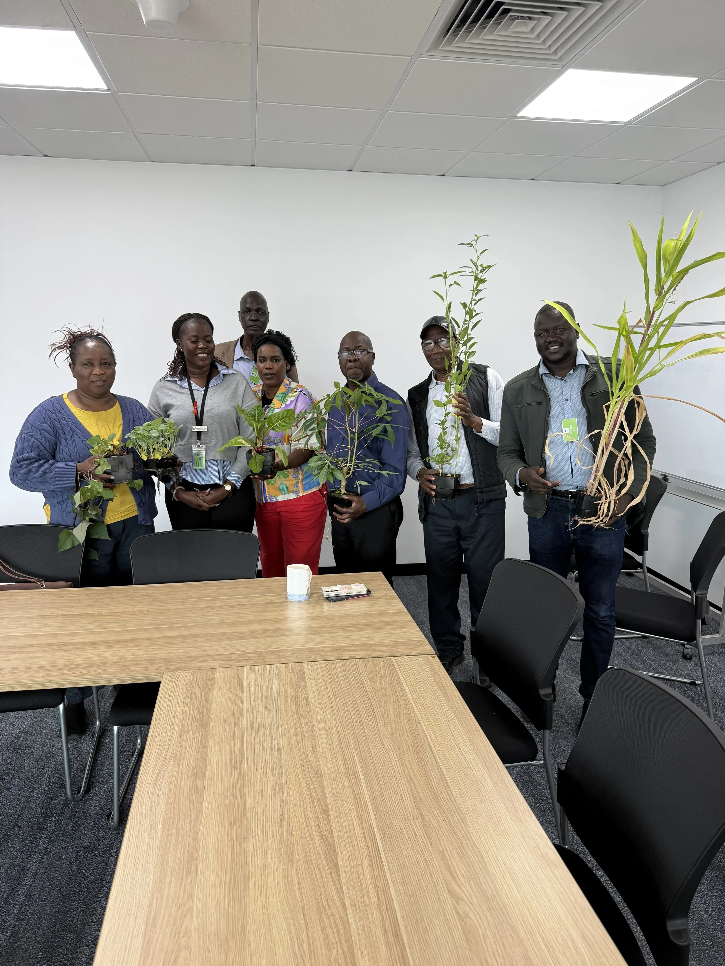 Group of seven people standing behind a conference table holding various potted plants in a room with white walls and ceiling, and a blank whiteboard.