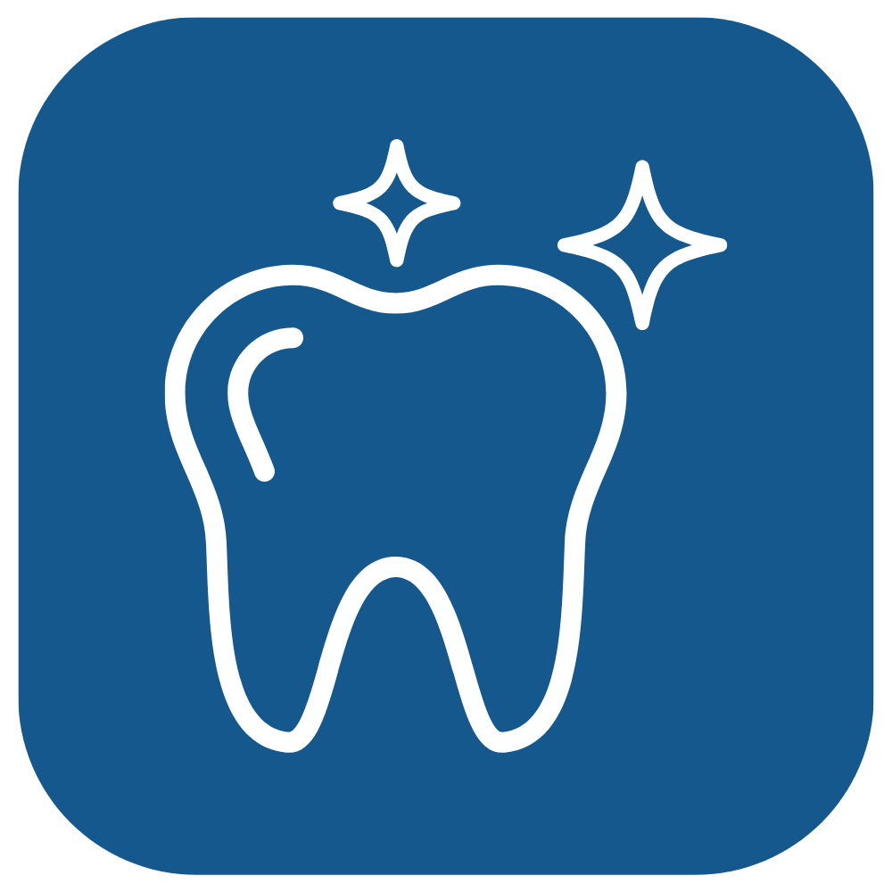 An icon of a shiny, clean tooth with sparkle accents on a dark blue background.