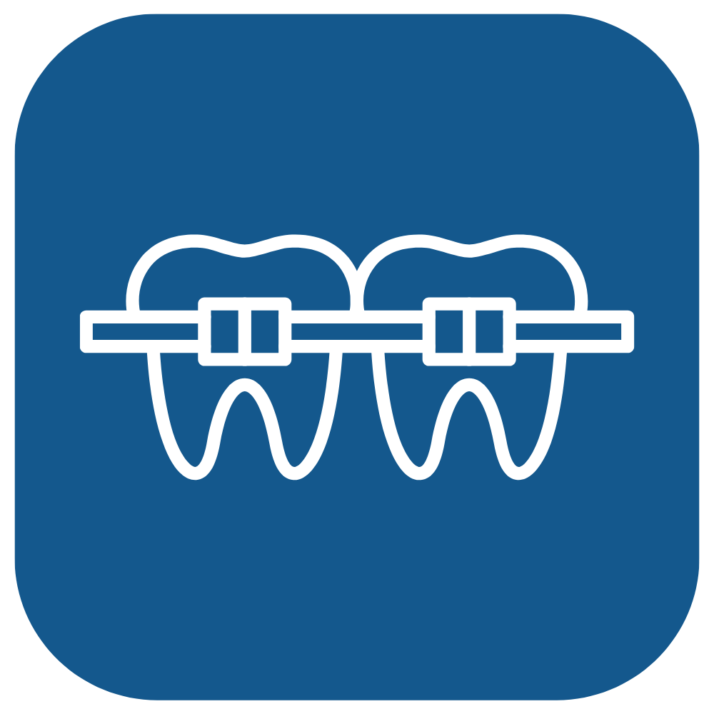 Icon of teeth with braces on a dark blue rounded square background.