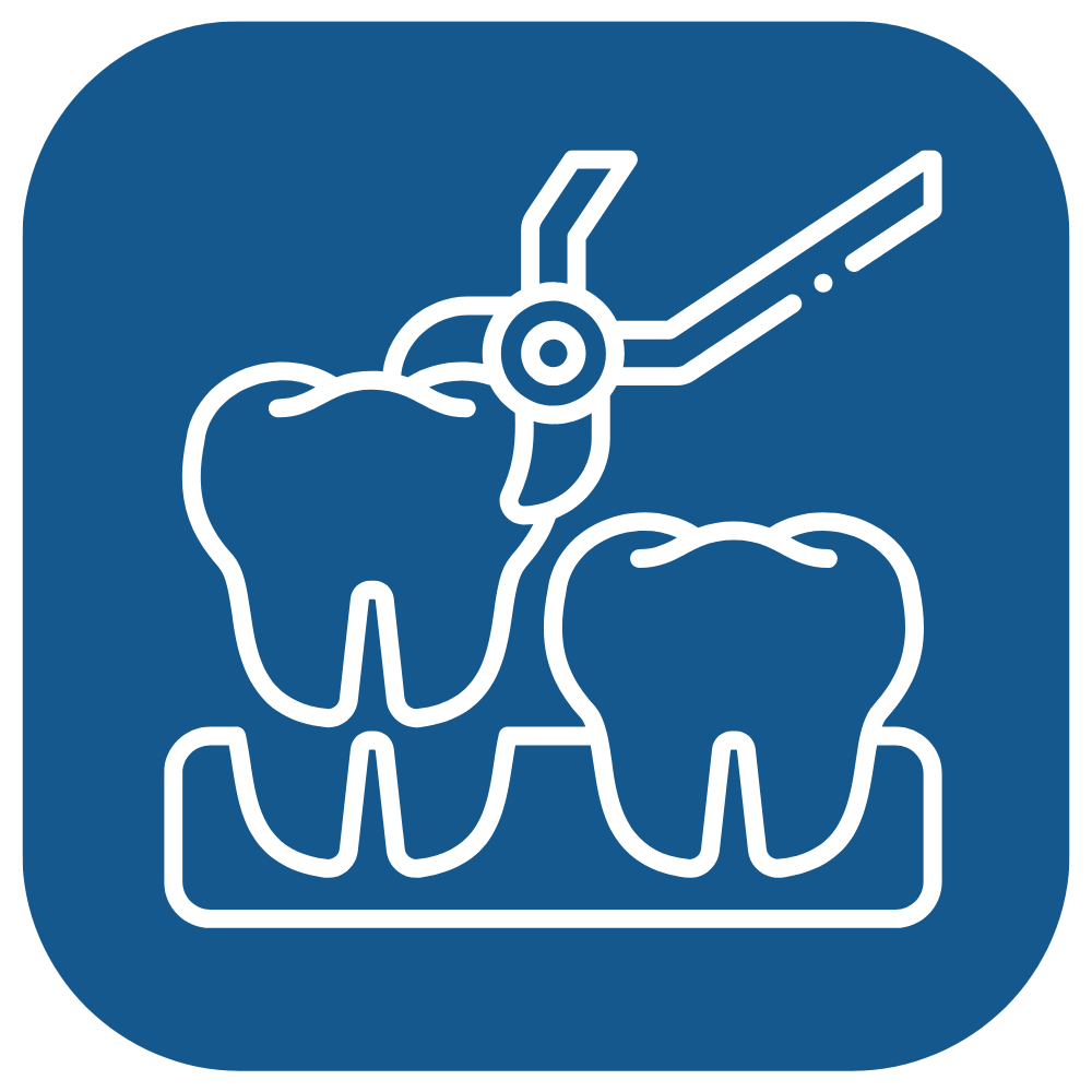 Icon of a dental scaler cleaning two teeth, symbolizing dental hygiene or cleaning.