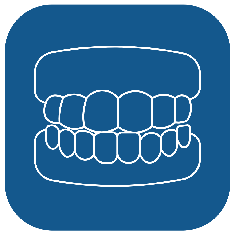 Icon of an open mouth with visible upper and lower teeth, outlined in white on a dark blue background.
