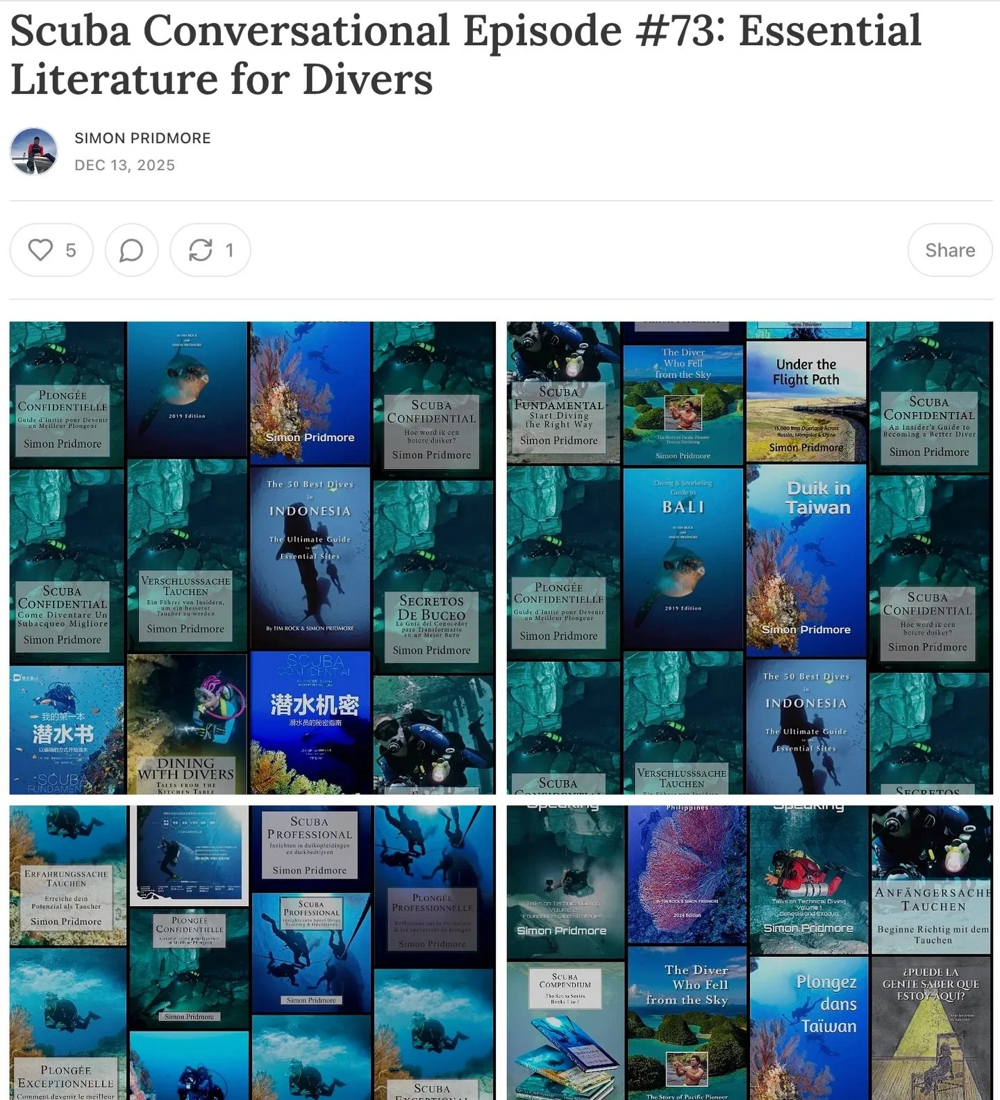 When you&rsquo;re plodding along writing in isolation, reviews and recommendations really do mean the world.
So I was genuinely surprised, and hugely honoured, to see prolific author and underwater photographer @simonpridmore include my book in his E