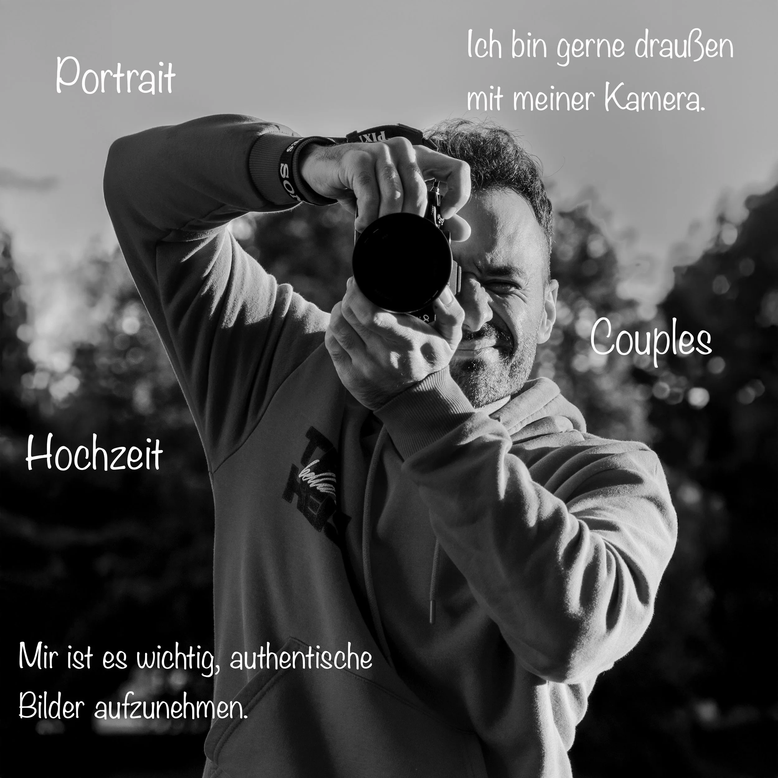 Ein Foto von Sultan Ballan, der eine Kamera hält . Über das Bild sind verschiedene deutsche Texte wie 'Porträt', 'Ich bin gerne draußen mit meiner Kamera', 'Couples', 'Hochzeit', 'Mir ist es wichtig, authentische Bilder aufzunehmen' geschrieben.