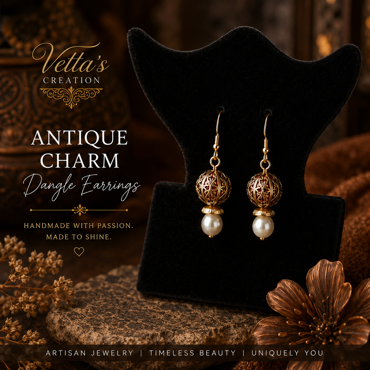 Antique Pearl Charm Dangle Earrings: Timeless Beauty with Vintage Charm