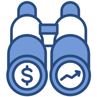 Une icône représentant des jumelles avec des symboles financiers, un dollar et un graphique de croissance.