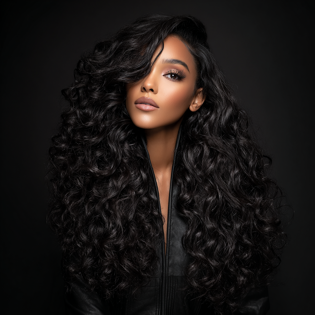 Portrait of a woman with long, curly black hair and makeup, wearing a black leather jacket against a dark background.