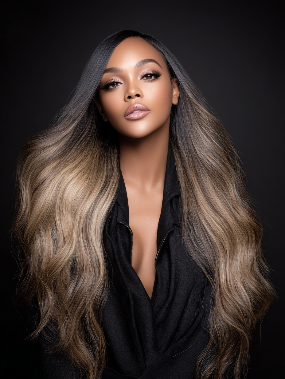 A woman with long, wavy hair that transitions from dark to blonde. She has flawless makeup with neutral tones and is wearing a black zip-up top against a dark background.