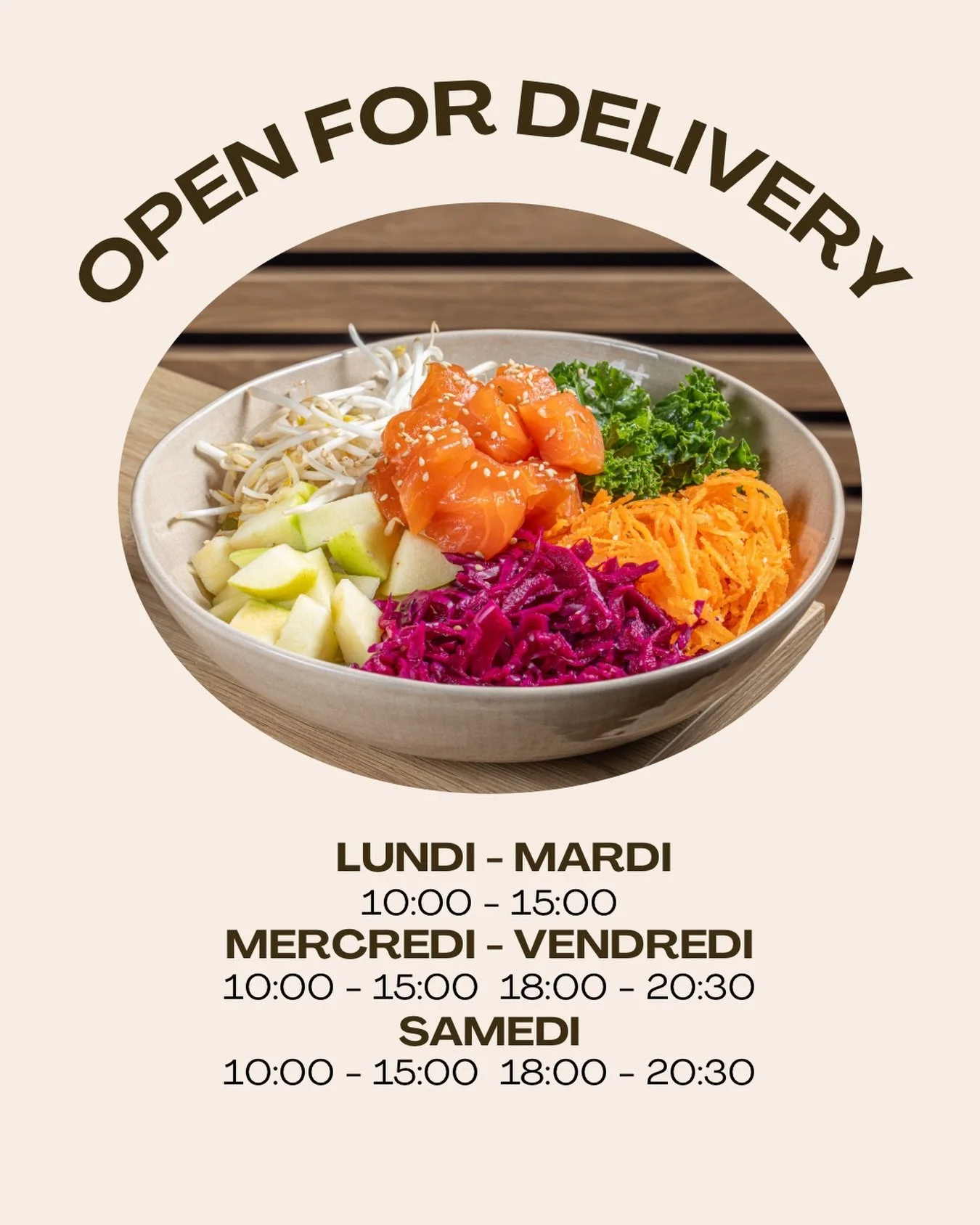 Nos heures d&rsquo;ouverture ont chang&eacute; ! Les pok&eacute;s lausannois, confectionn&eacute;s avec des produits suisses et de saison, sont maintenant disponibles en livraison. 🚚
Vous &ecirc;tes plut&ocirc;t just eat ou Uber eats?