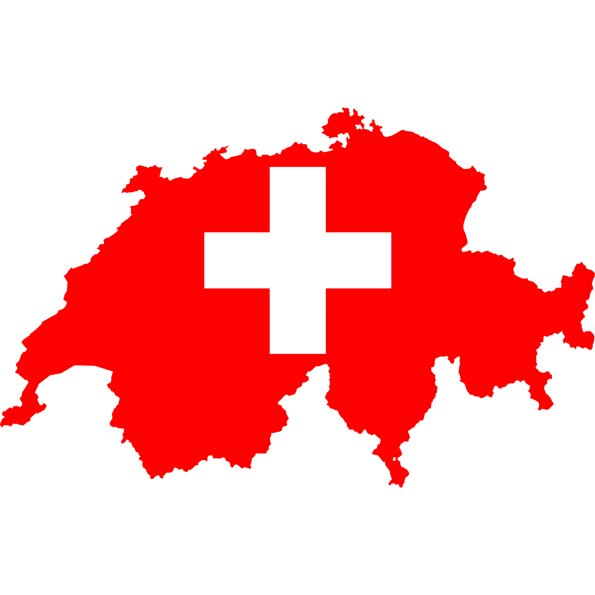 Carte de la Suisse en rouge avec une croix blanche au centre, représentant le drapeau national suisse.