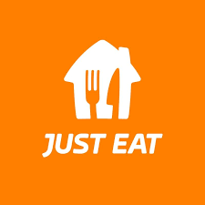 Logo orange avec une maison blanche, une fourchette et un couteau, et le texte 'JUST EAT' en blanc.