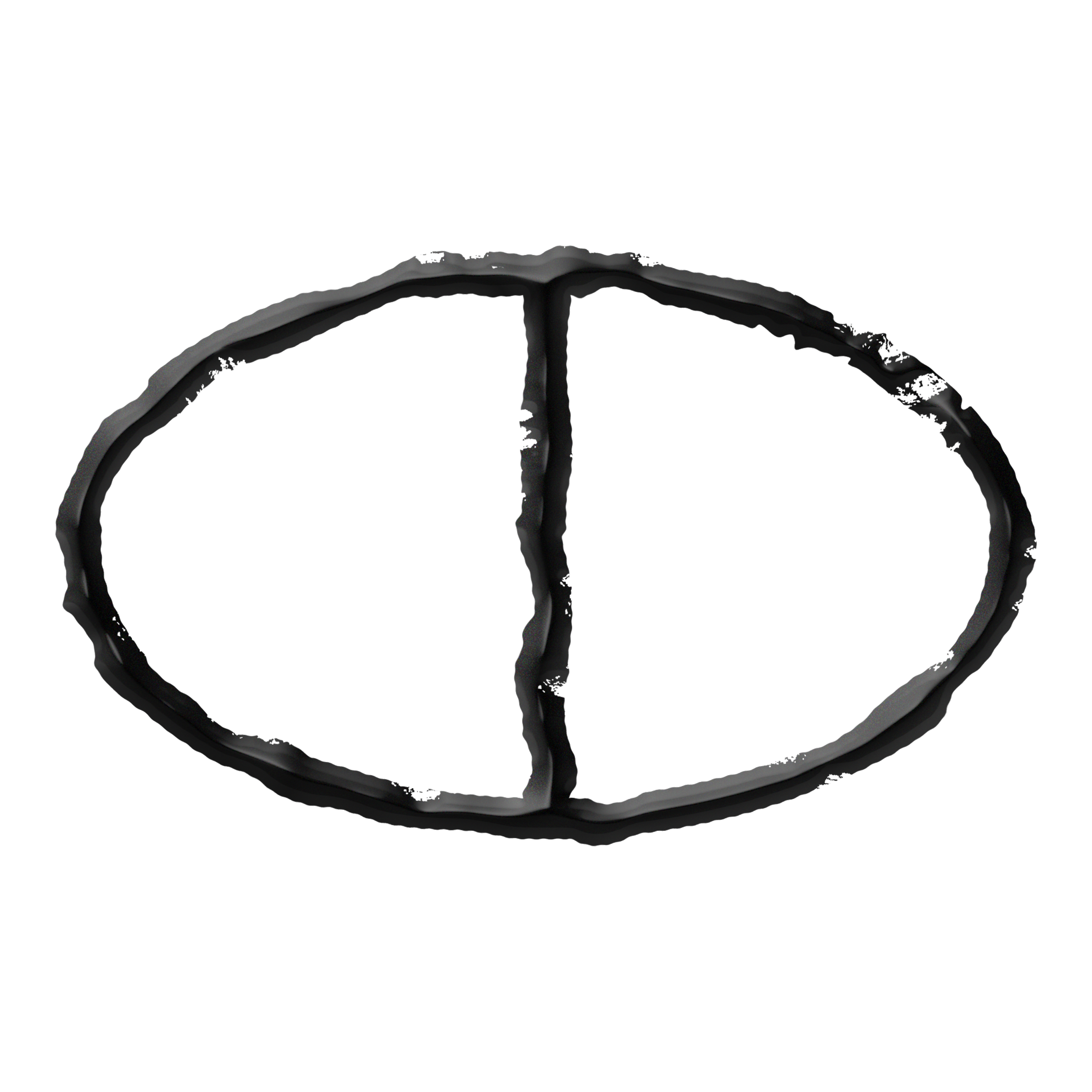 Black line logo of an oval divided by a vertical line.