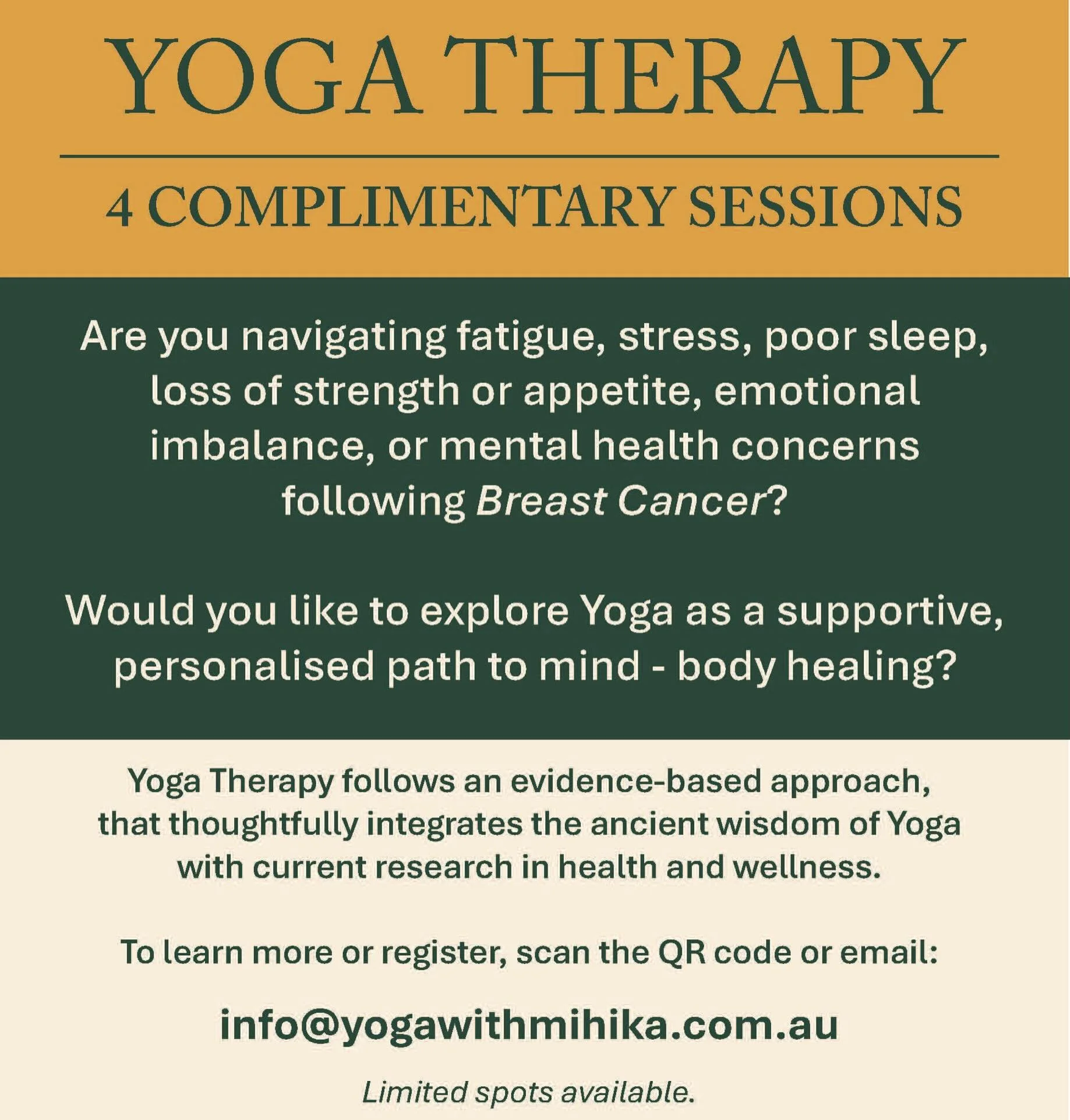 Yoga Therapy is an emerging healthcare profession. It merges ancient yogic wisdom with modern, evidence-backed research to support the prevention and management of a wide range of physical, emotional, and mental health conditions.

As part of my cert