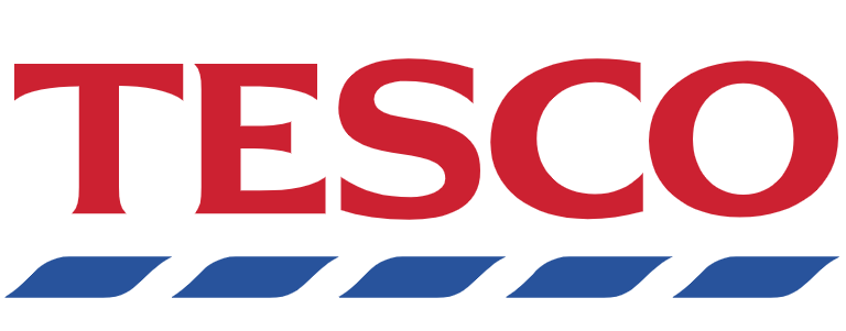 Tesco logo with red letters and blue stripes below