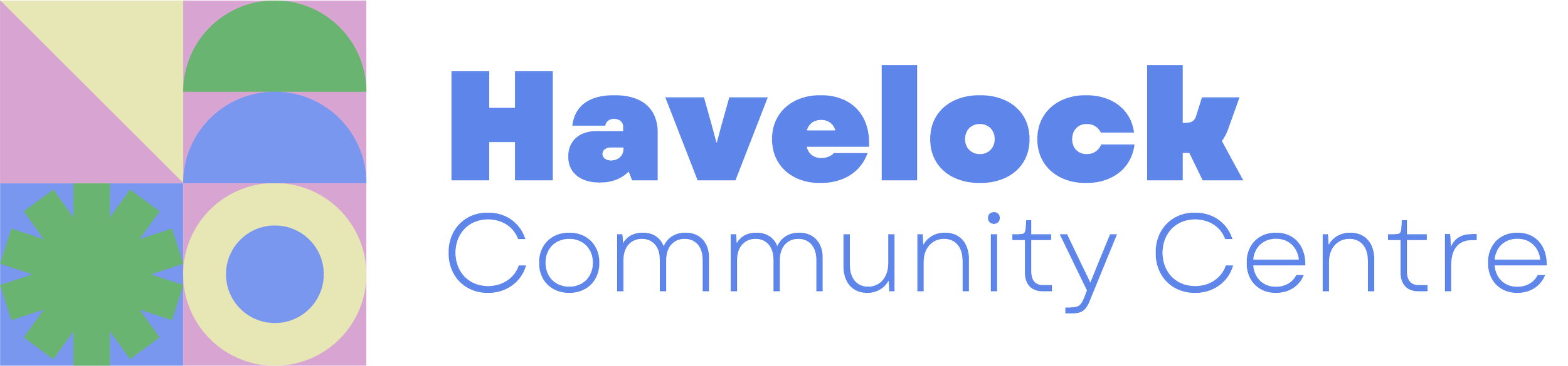 Logo for Havelock Community Centre featuring colorful geometric shapes and text.
