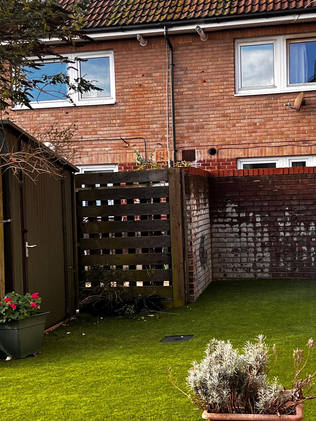 A backyard with green lawn, potted plants, a wooden fence, and a brick house with two windows and satellite dish.