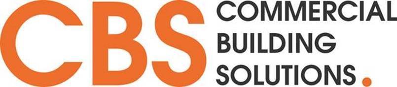 Logo for CBS Commercial Building Solutions with large orange 'CBS' letters and black text to the right.