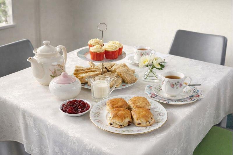 A traditional afternoon tea spread with scones, cupcakes with frosting, tea cups, a teapot, a bowl of jam, a pitcher of cream, and a small flower arrangement on a white tablecloth.