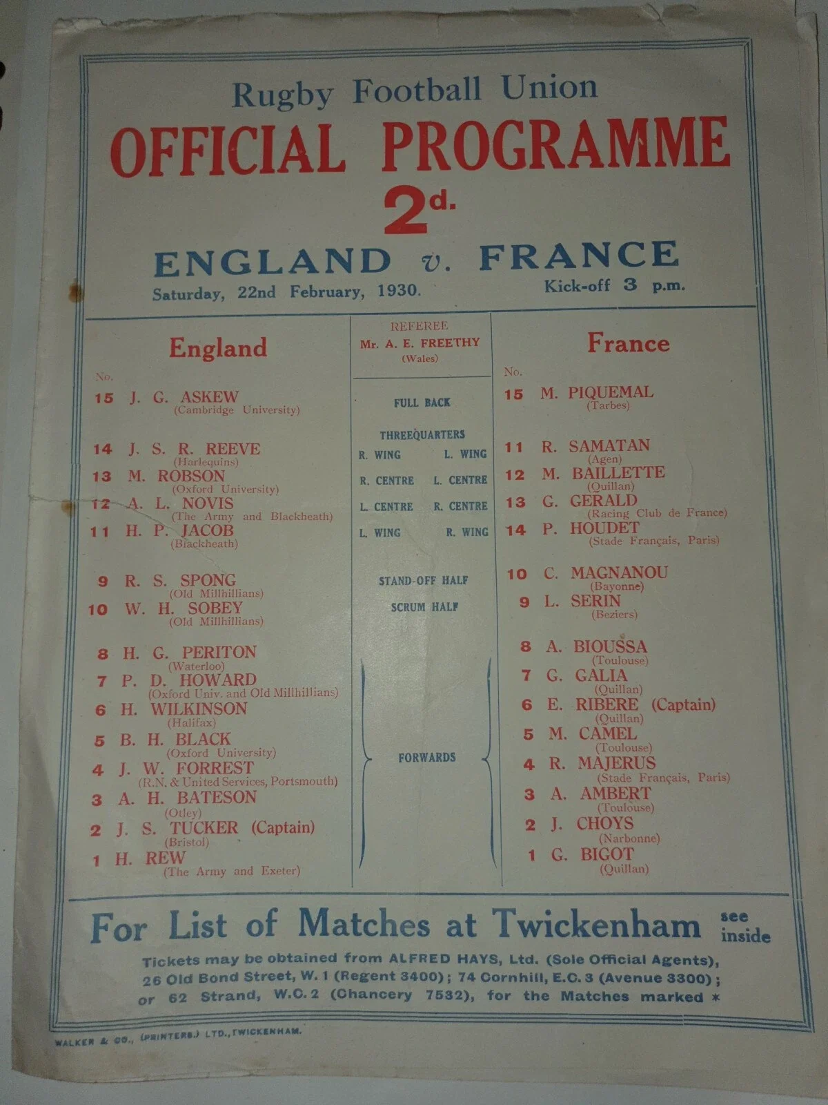 22/02/1930 : England v France