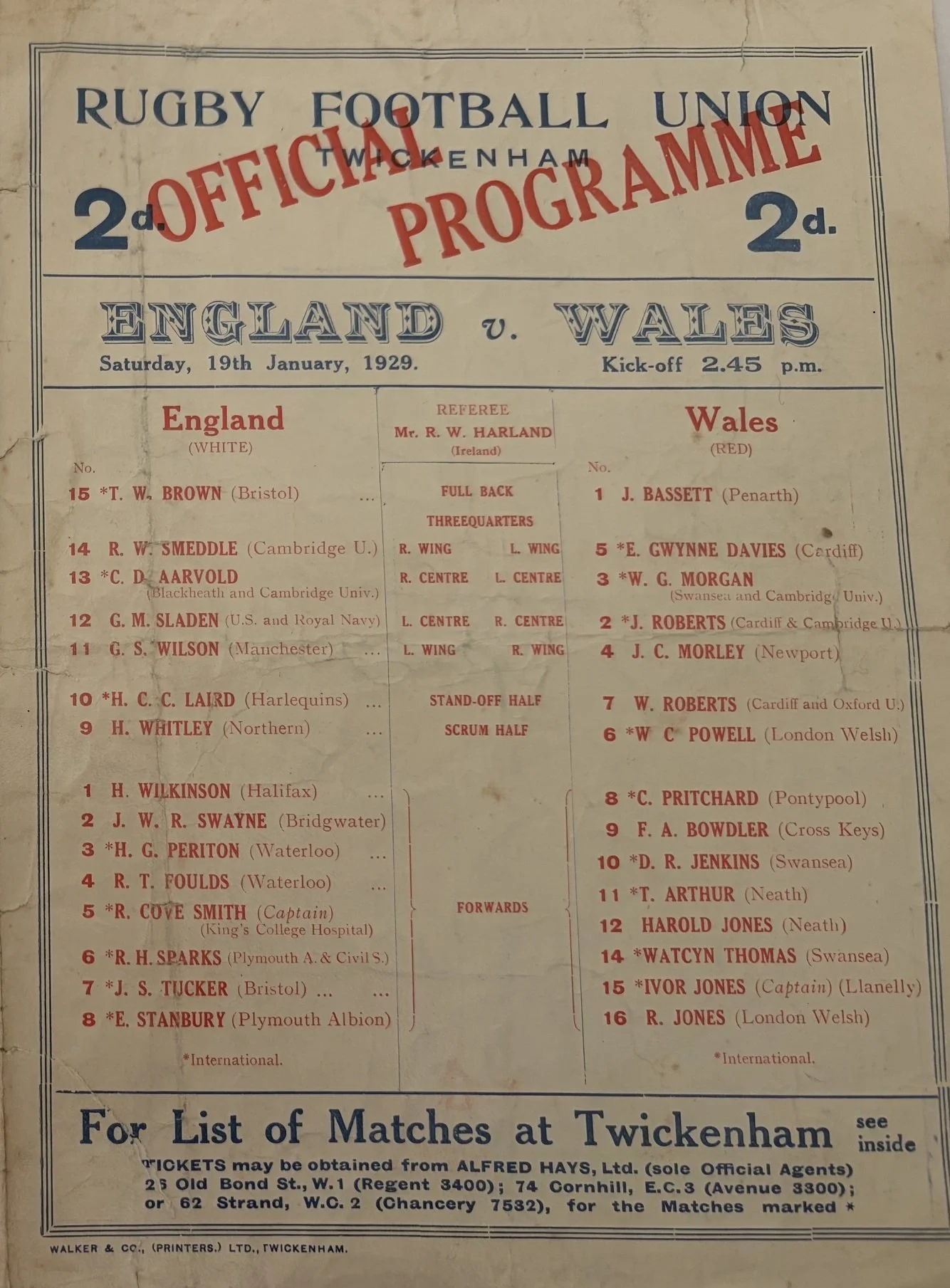 19/01/1929 : England v Wales