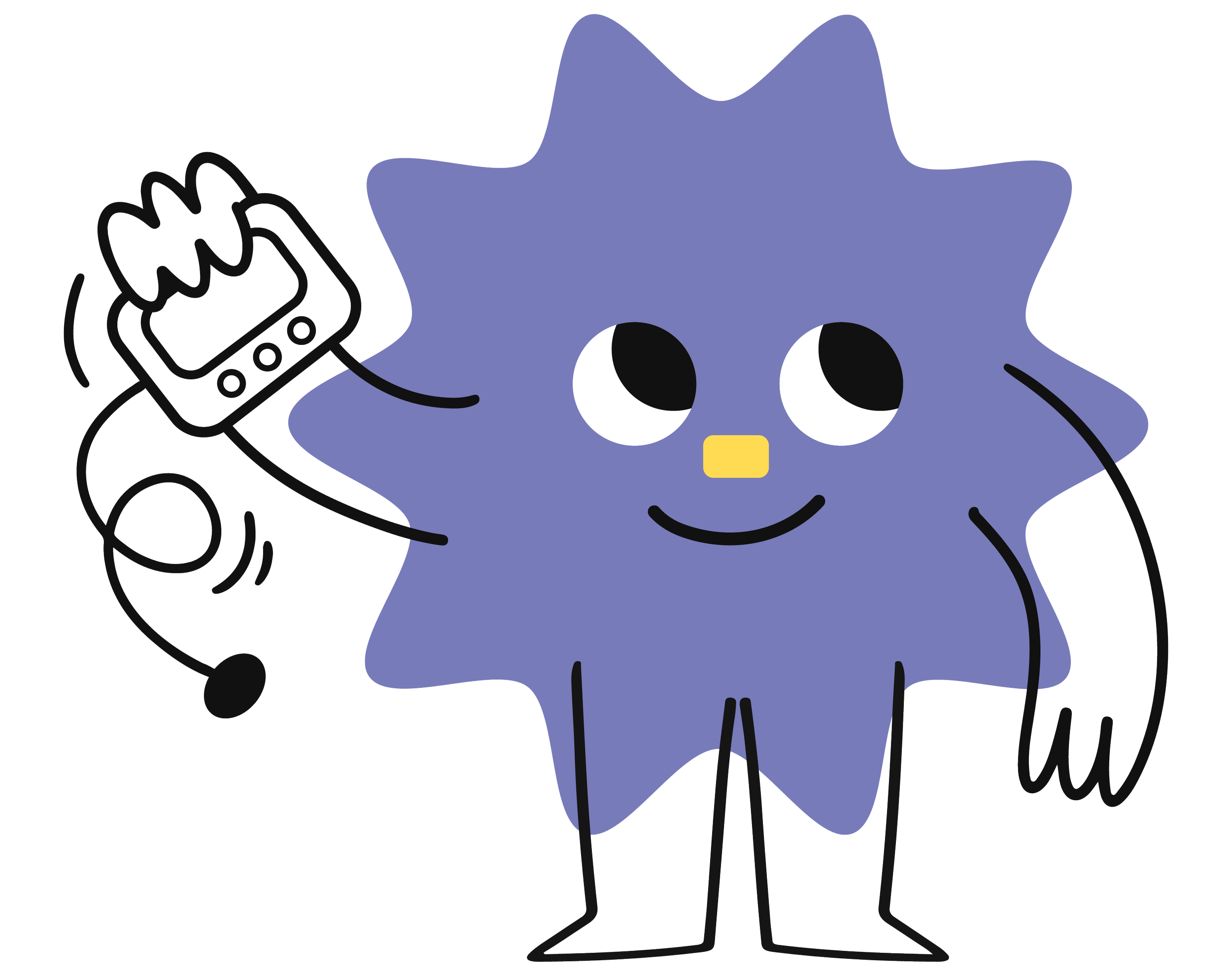 A cute cartoon starfish holding a mobile phone in one of its arms, smiling with big eyes and a small yellow nose.