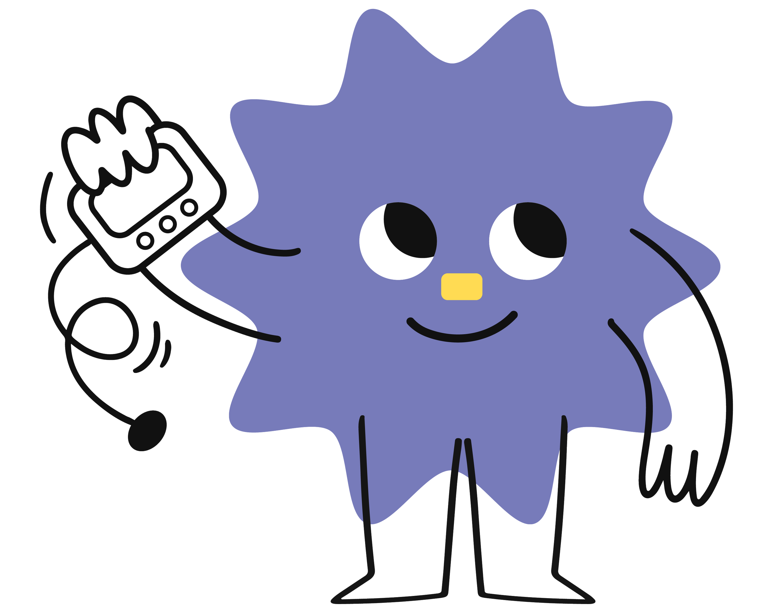 Cartoon character with a star-shaped purple body, smiling face with large eyes and small yellow nose, holding a walkie-talkie.