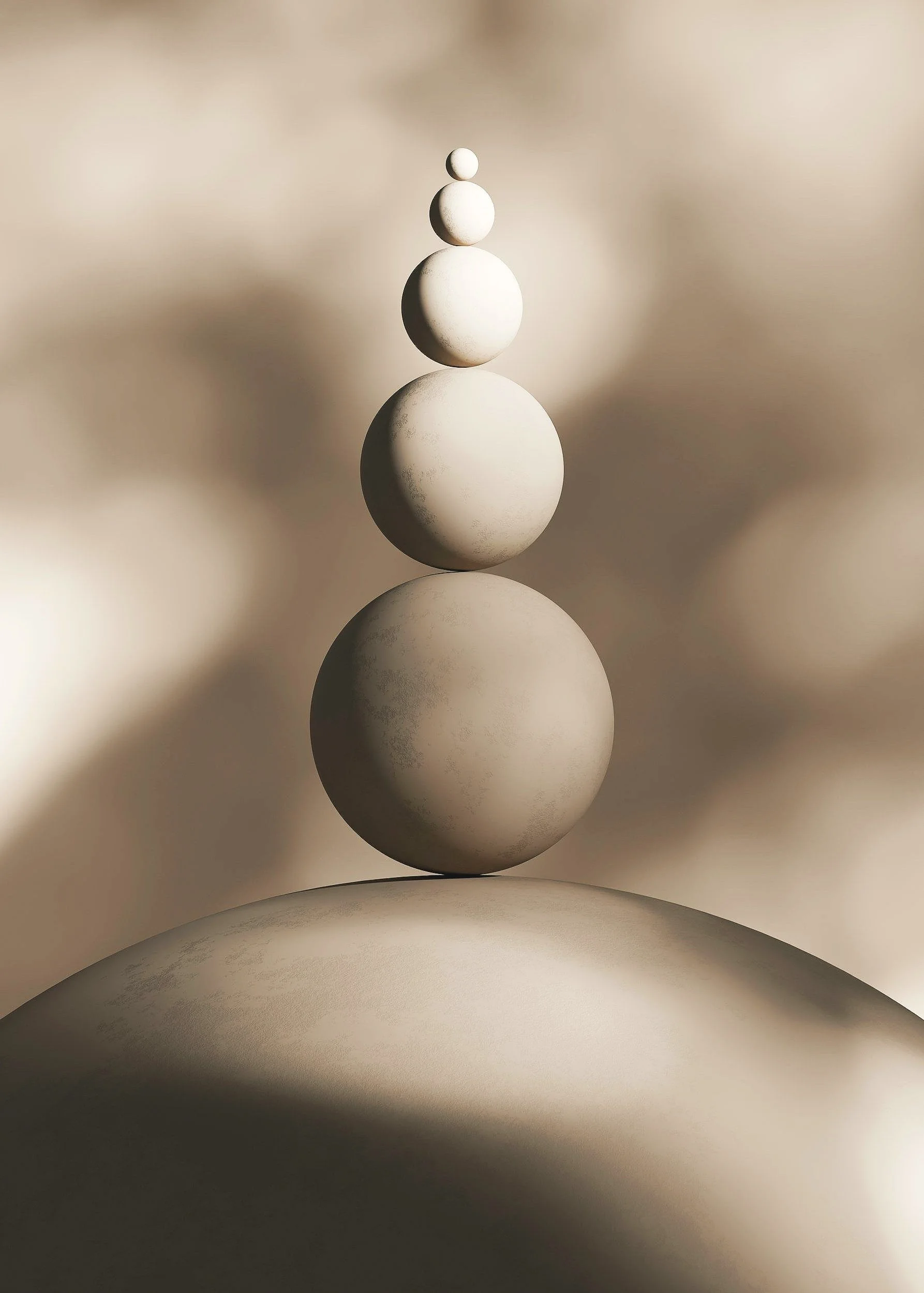 Six white spheres of varying sizes stacked vertically on a curved surface, with a blurred neutral background.