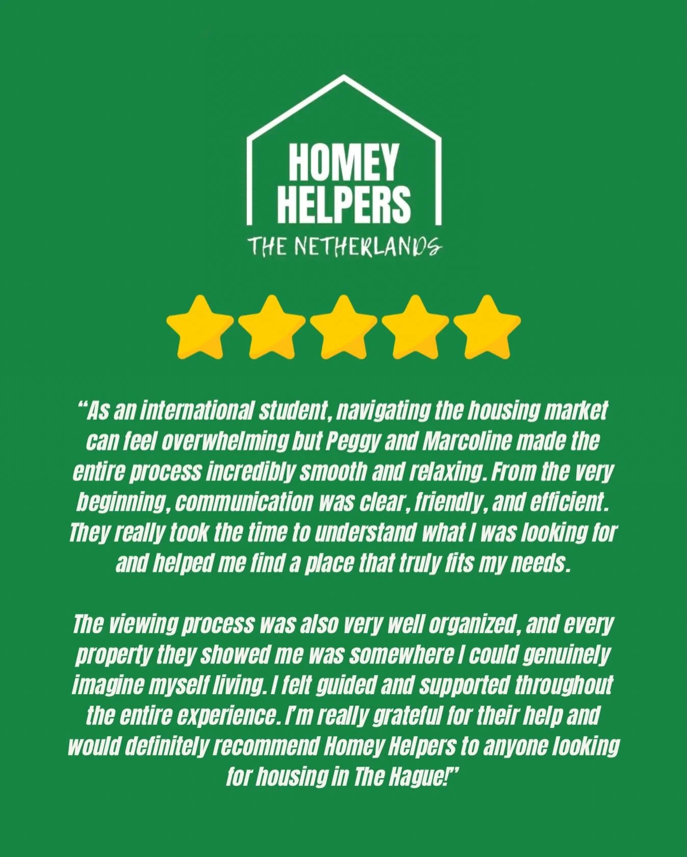 Finding a home in The Hague doesn&rsquo;t have to be stressful, this review says it all!

We love helping internationals and students feel supported, understood, and truly at home from the moment they arrive.

If you&rsquo;re searching for a place th