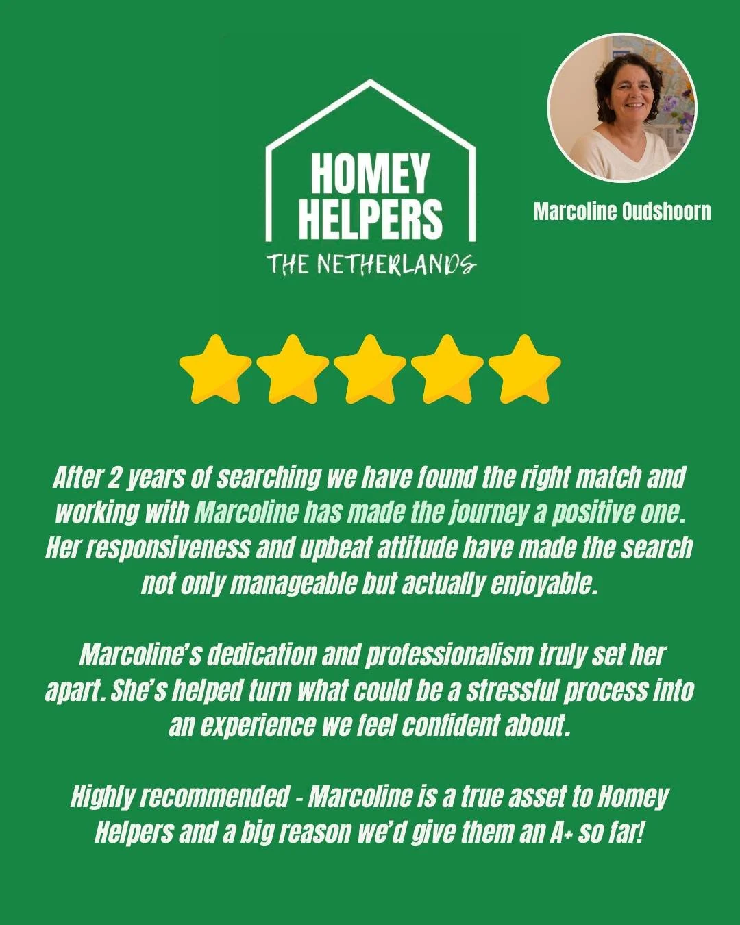 "Highly recommended &ndash; Marcoline is a true asset to Homey Helpers!"

Our co-founder, @marcolineoudshoorn, has been helping people find new homes in The Hague for over 10 years. Our clients love her for her attention, kindness, upbeat a
