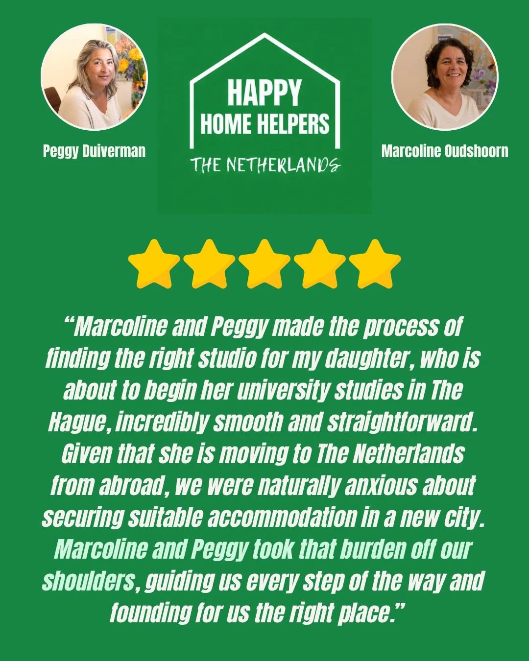 Moving to the Netherlands for studies? We're here to help.

We get calls from many people: students, parents, families, expats. 

One thing we always hear is that we took the stress and burden of looking for a new apartment off of their shoulders. 

