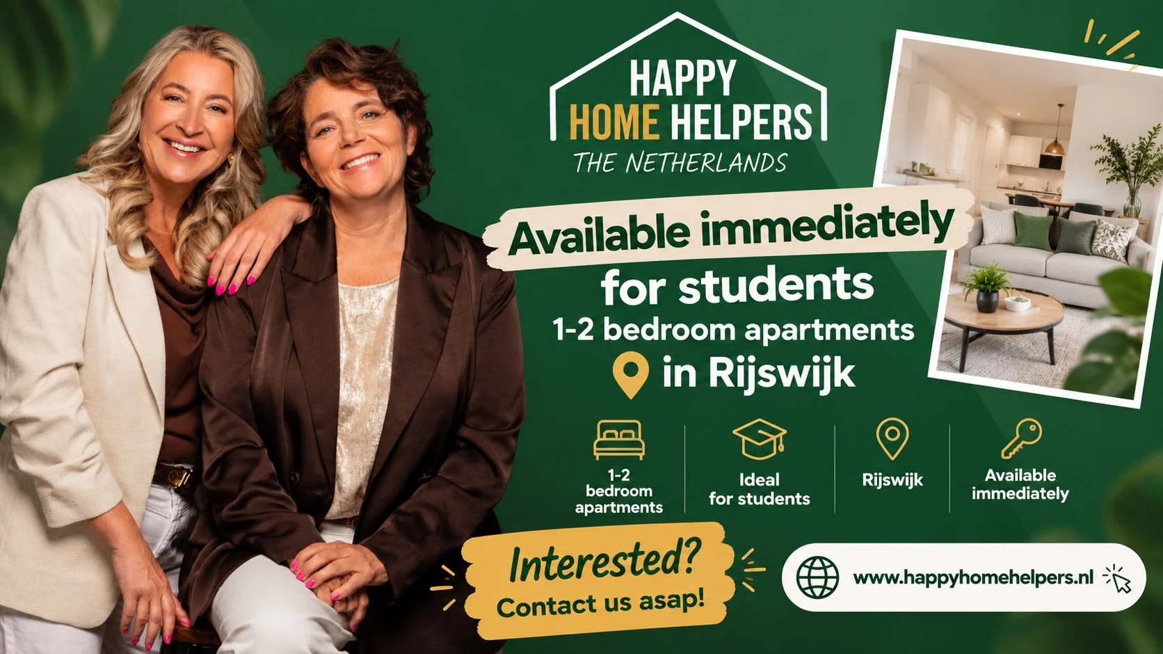 Available immediately for students 1-2 bedroom apartments in Rijswijk. 

Interested contact us asap Www.happyhomehelpers.nl