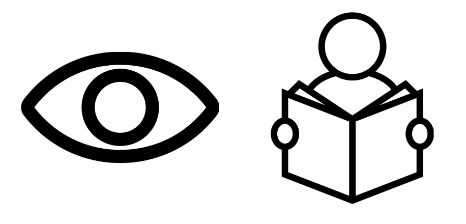 Icon of an eye and an icon of a person reading a book