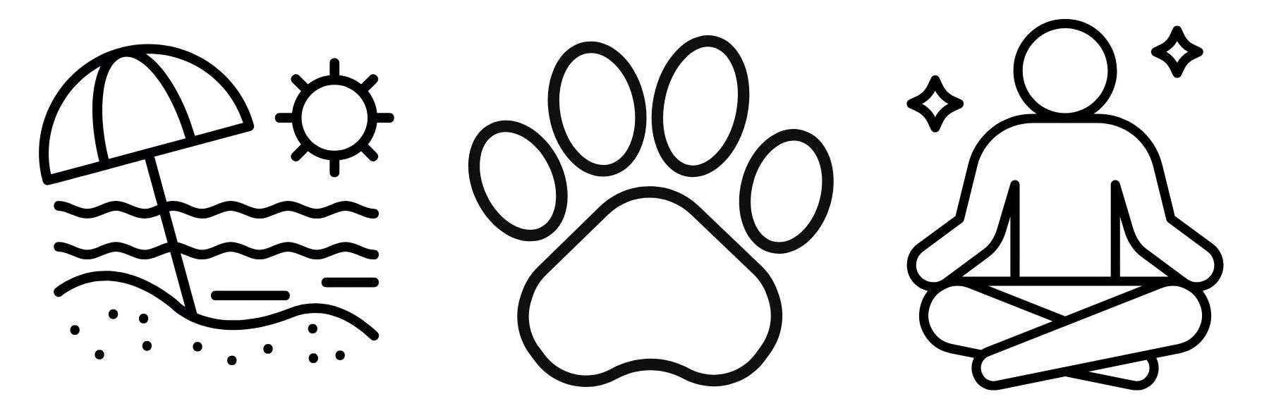 Beach scene with umbrella and sun, paw print, and person meditating in a cross-legged position surrounded by stars