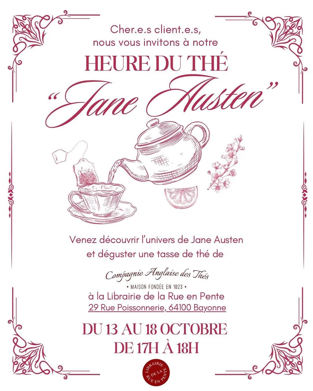🫖 Nous sommes ravies de vous pr&eacute;senter notre nouvelle semaine &eacute;v&eacute;nement &laquo; L&rsquo;heure du th&eacute; : Jane Austen &raquo;, en partenariat avec la @compagnie.anglaise.des.thes 🍃

Une semaine plac&eacute;e sous le signe d