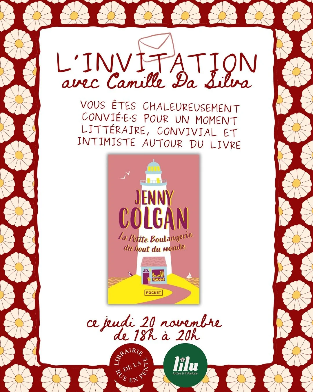 💌L&rsquo;invitation avec @camilledasilv 💫
Soir&eacute;e intimiste autour du livre &laquo;&nbsp;La petite boulangerie du bout du monde&nbsp;&raquo; choisi par Camille. On parlera lectures et coups de coeur, une boisson chaude @lilu.officiel &agrave;