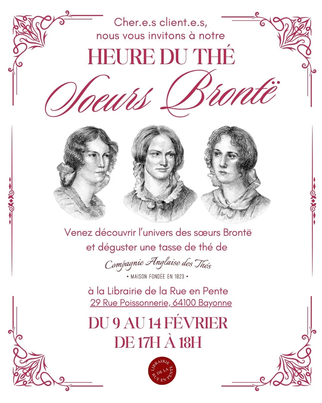 Vous aviez ador&eacute; la semaine Jane Austen, nous revenons avec les s&oelig;urs Bront(h)&euml; ! 🫖
Tous les jours, de 17h &agrave; 18h, nous servirons le th&eacute; et d&eacute;couvrirons ensemble le premier chapitre d&rsquo;une &oelig;uvre de la