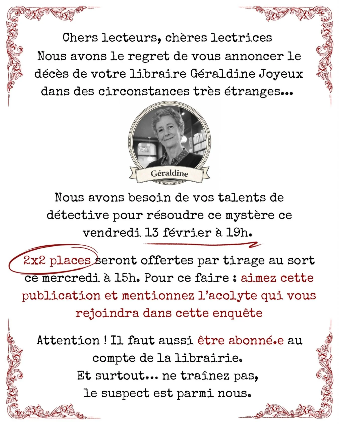 🕵🏻 Depuis quelques semaines, nous faisons travailler nos m&eacute;ninges pour vous proposer un Cluedo grandeur nature au sein de la librairie !

Pour tester cette version b&ecirc;ta, nous vous offrons des places 🎟️

Nous sommes tr&egrave;s heureus