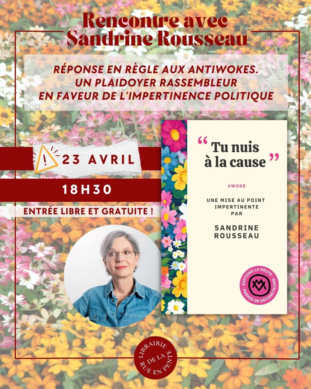 ⚠️ &Eacute;v&eacute;nement report&eacute; au 23 avril ⚠️

Sandrine Rousseau a malheureusement une obligation professionnelle le 2 avril. Nous avons donc report&eacute; la rencontre au jeudi 23 avril &agrave; 18 h 30.

Toutes nos excuses pour ce d&eac