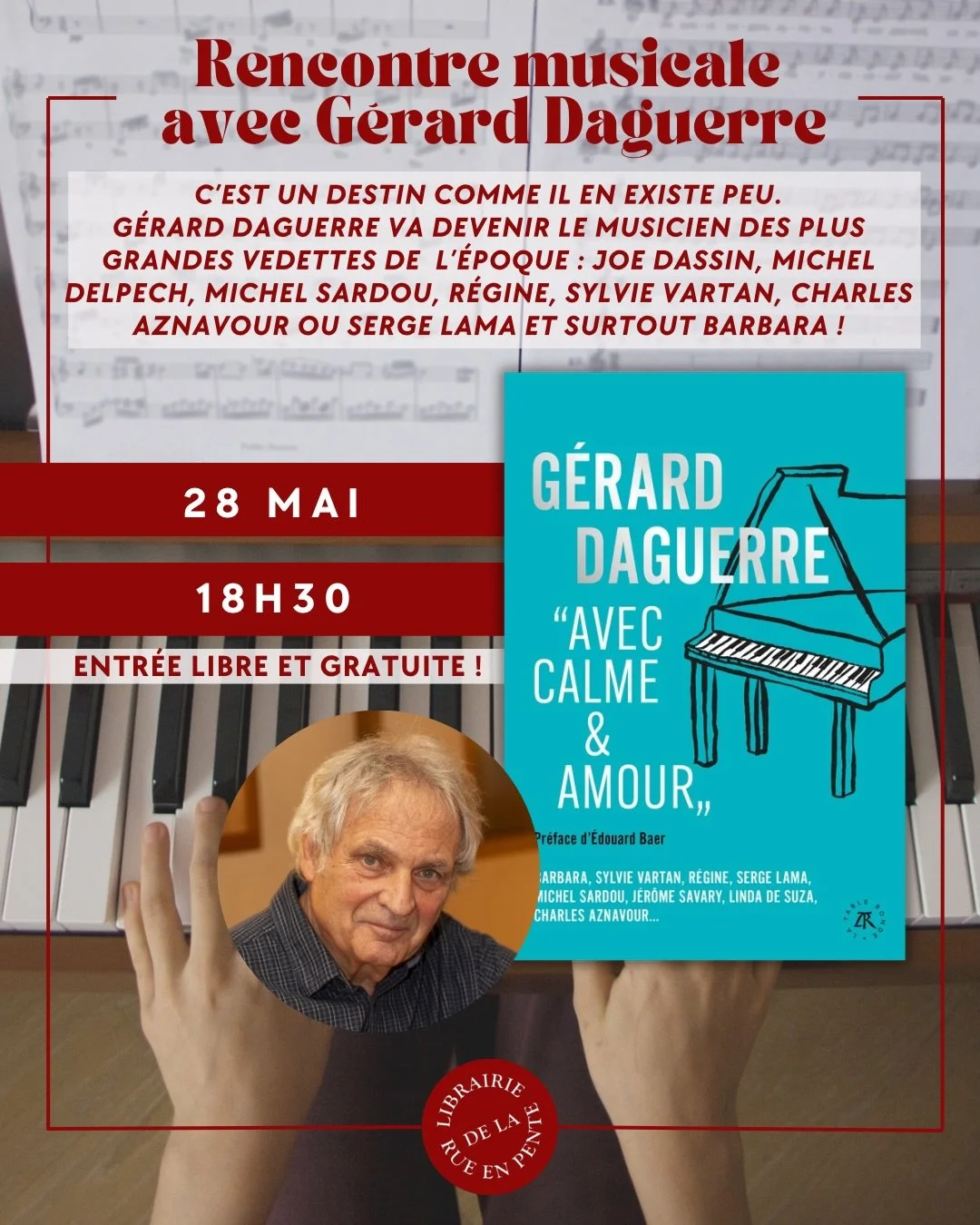 Les prochaines semaines sont rythm&eacute;es par des rencontres autour de la musique 🎶

Nous avons le plaisir d&rsquo;accueillir G&eacute;rard Daguerre, pianiste prodige bayonnais, pour une soir&eacute;e autour de son ouvrage autobiographique et de 