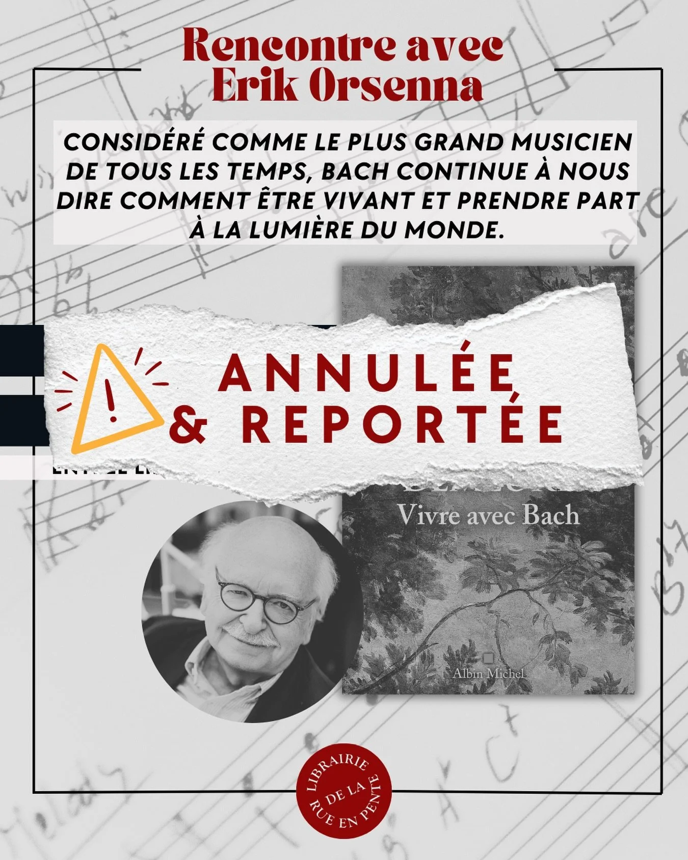 Triste nouvelle : pour des raisons ind&eacute;pendantes de notre volont&eacute;, la rencontre avec Erik Orsenna est annul&eacute;e et report&eacute;e &agrave; une date qui vous sera communiqu&eacute;e ult&eacute;rieurement.

M. Orsenna a personnellem