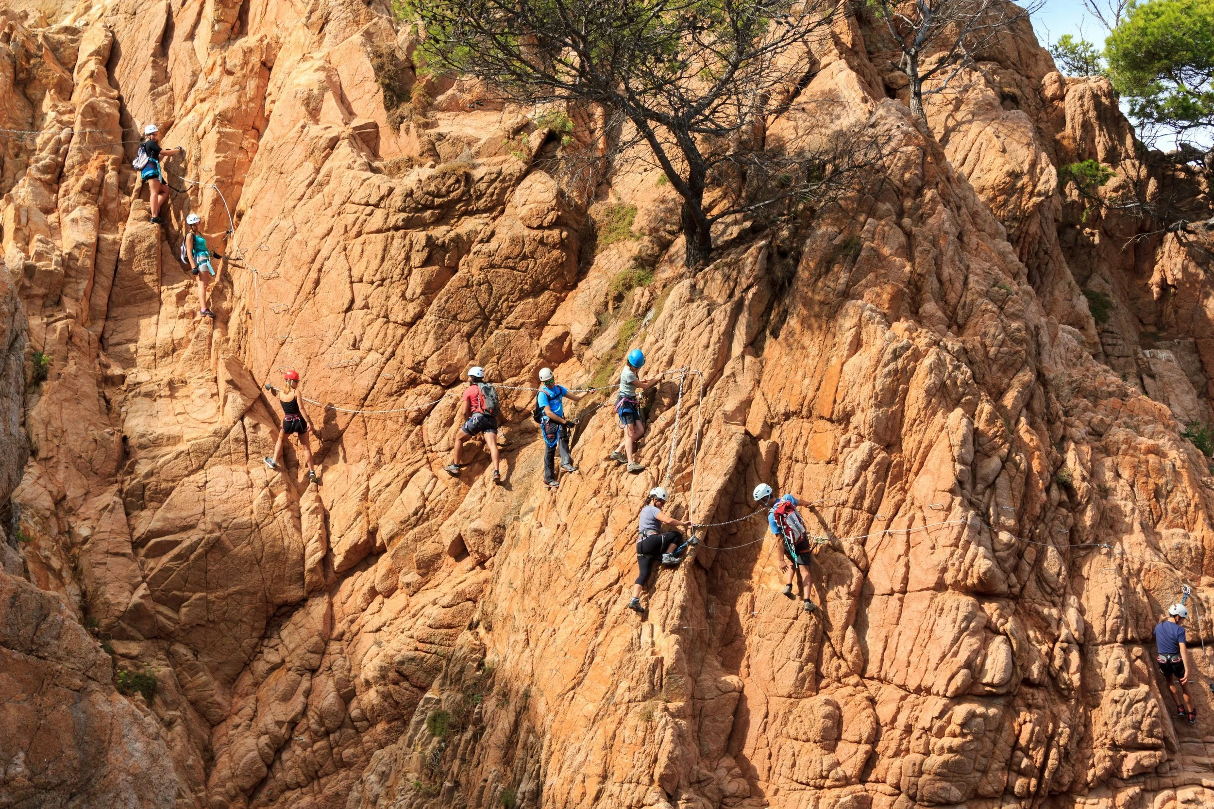 Group of climbers scaling a rocky cliff face, using ropes and safety harnesses, with some helping each other and others climbing individually.