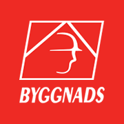 Logo med en profilbild av ett ansikte och texten 'BYGGNADS' på röd bakgrund.