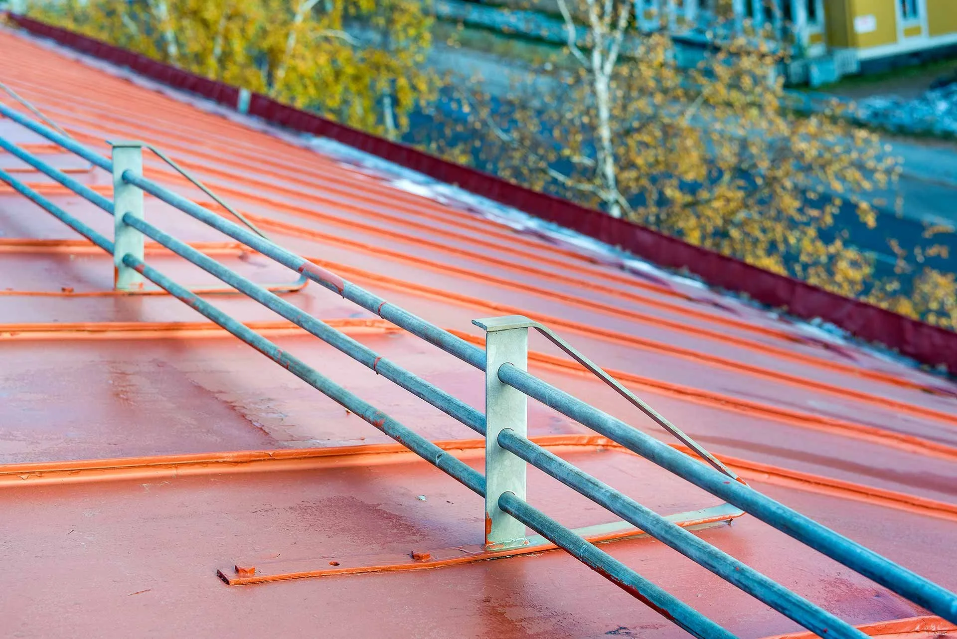 Bild av ett tak med metallräcken och en röd yta, med höstfärger på träd i bakgrunden.