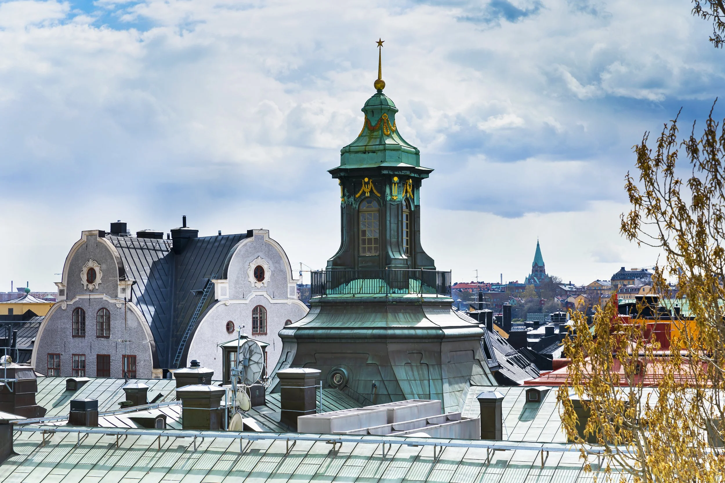 Vy över tak och byggnader med en fokus på ett utsirigt takornament och en grön koppardörring på ett tak, mot en molnig himmel i Stockholm.