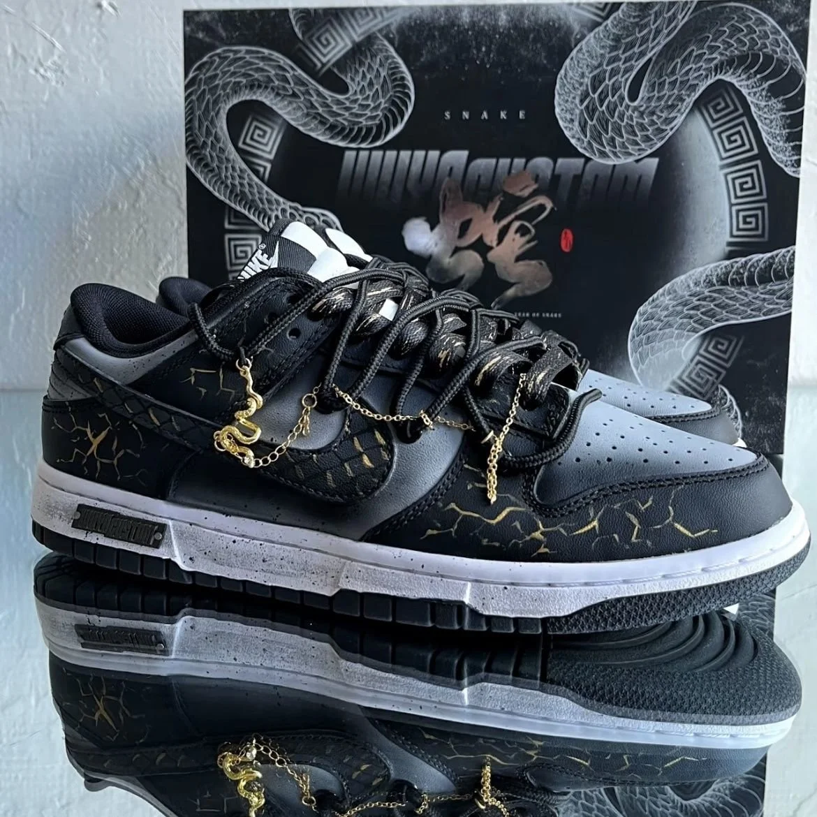 Nike Dunk Low Dragon Vein Custom black and gold sneaker with gold chain and dragon charm