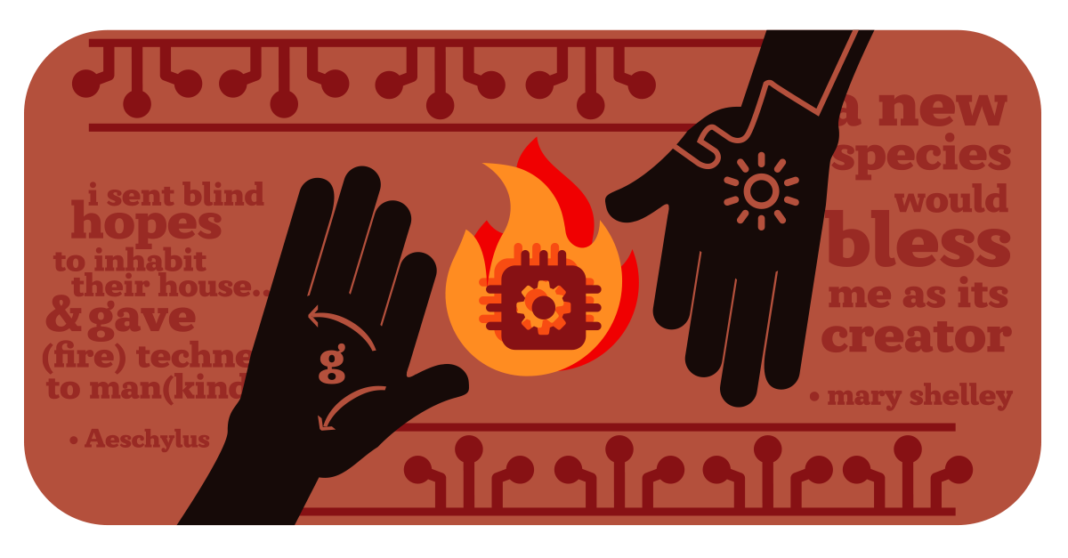 Modern interpretation of Prometheus myth with figures exchanging fire amid AI and technological imagery, symbolizing the industry's accidental creation of artificial cognition