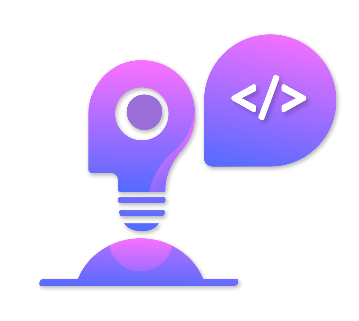 Stylized Illustration of a person with lightbulb talking about AI with a </> in a chat bubble