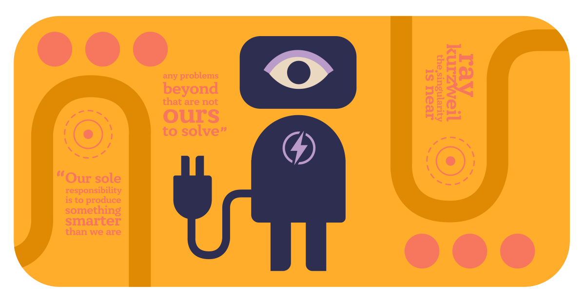 Stylized editorial image of a robot with a surveilance screen head and Ray Kurzweil quote