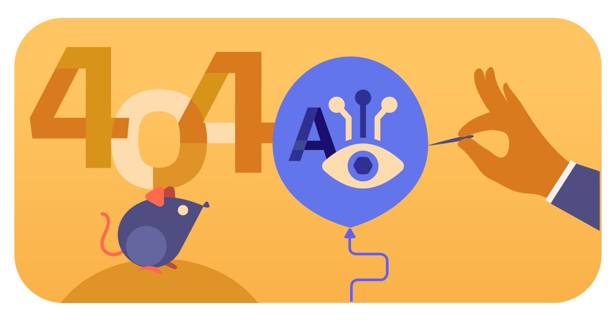Image of a 404 Missing page and a balloon about to pop with a mouse sitting nearby. Stylized midcentury modern illustration depicting the upcoming AI bubble and Crafted Logic Lab's plan to stay a small, survivable artificial intelligence boutique